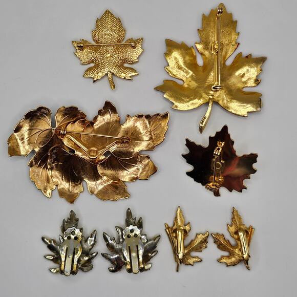 Vintage Brooch Costume Jewelry Bundle Clip On Earrings Fall Autumn Leaves - Picture 2 of 12